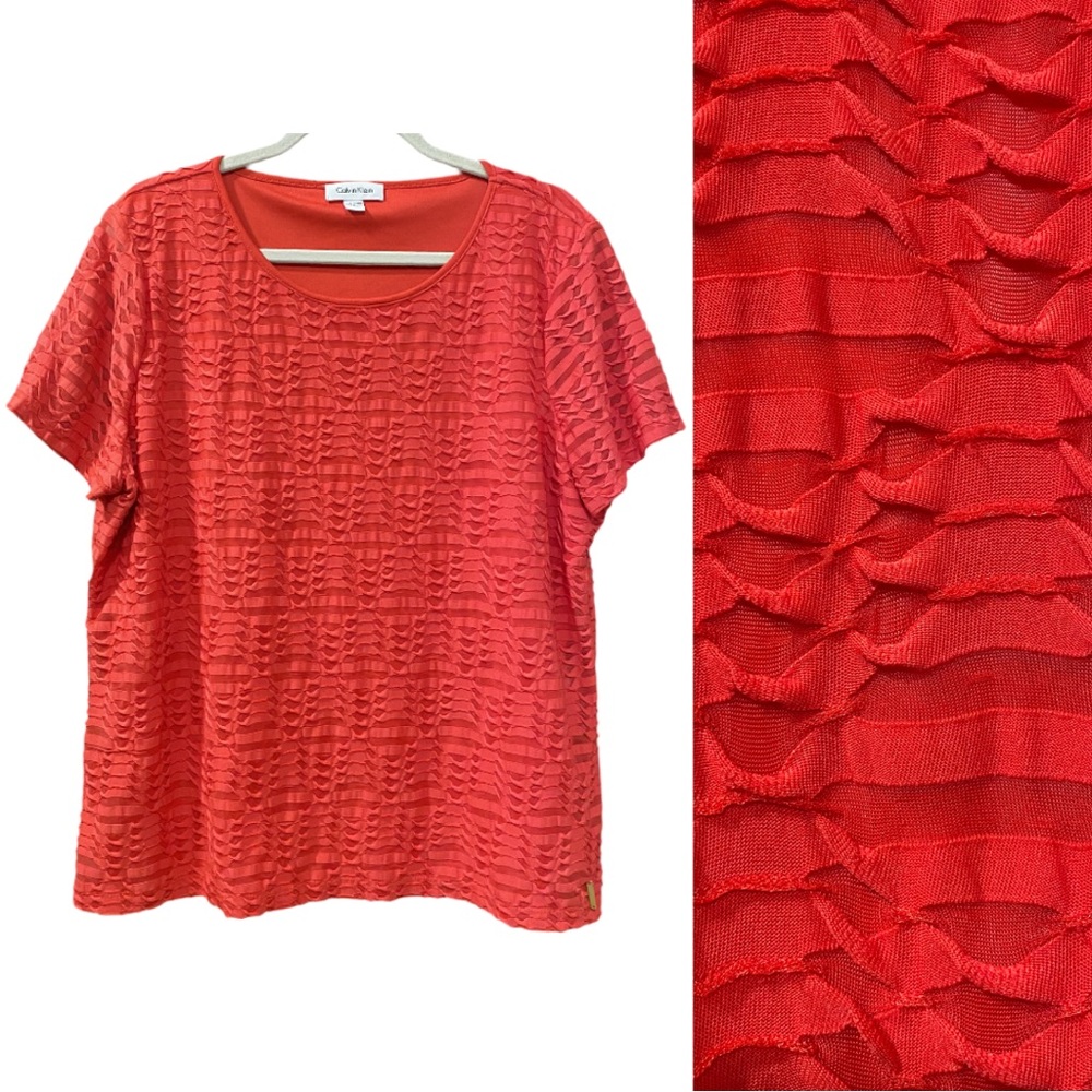 Calvin Klein Pink Textured Stretch Blouse Size XXL Braided Stripe‎ Scoop Neck